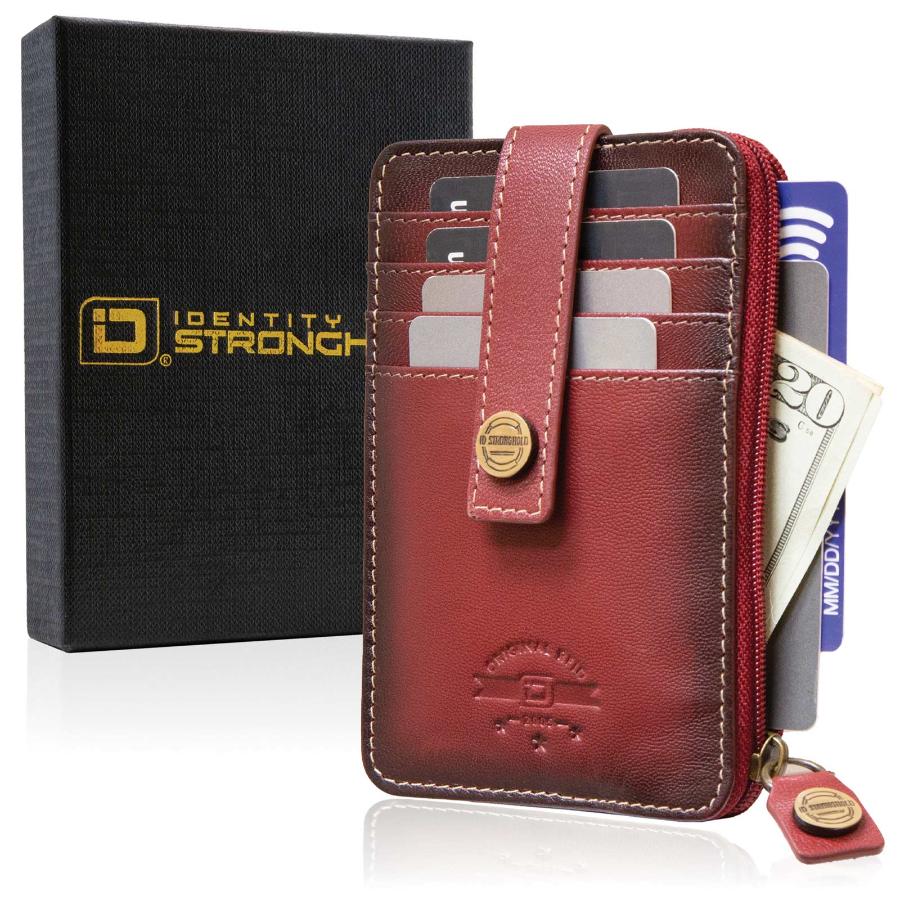 Full view of RFID Blocking Mega Mini Wallet in red, showing multiple card slots, cash compartment, and secure zippered pocket for compact, with a gift box.