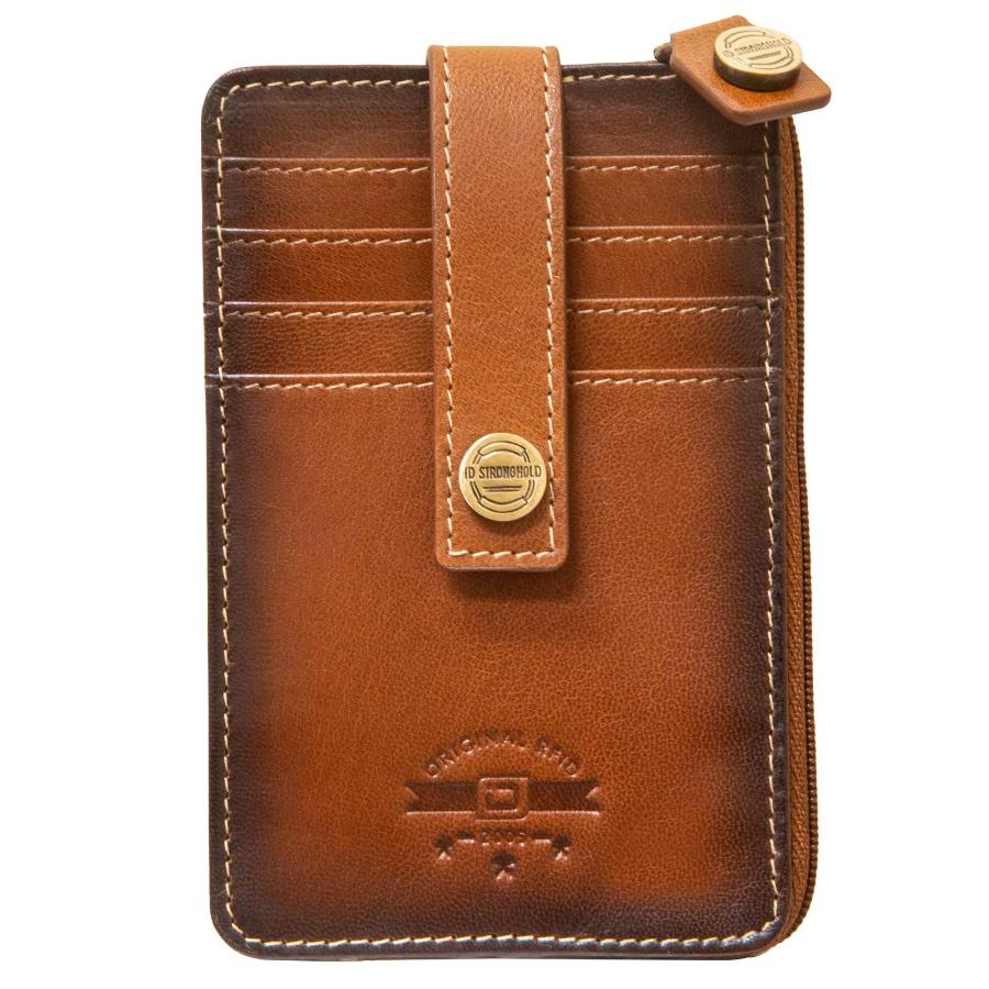 Front view of brown RFID Blocking Mega Mini Wallet with multiple card slots for secure, compact storage of credit cards, cash, and coins. Stylish small wallet with RFID protection against digital theft.