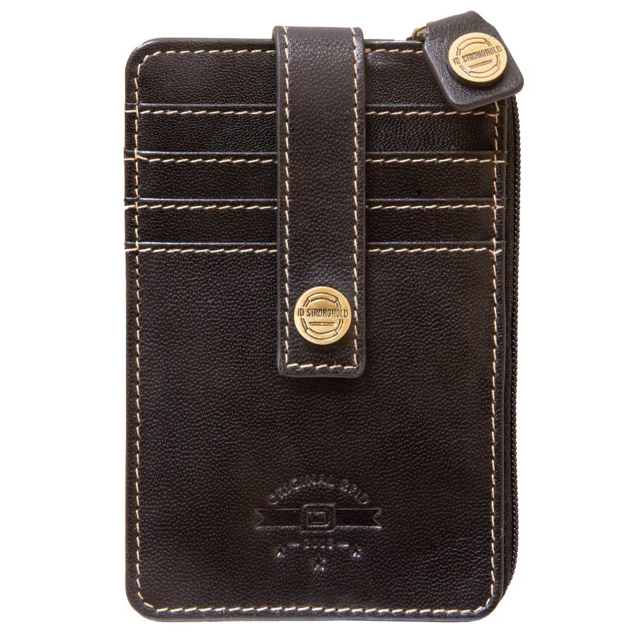 Front view of black RFID Blocking Mega Mini Wallet with multiple card slots for secure, compact storage of credit cards, cash, and coins. Stylish small wallet with RFID protection against digital theft.