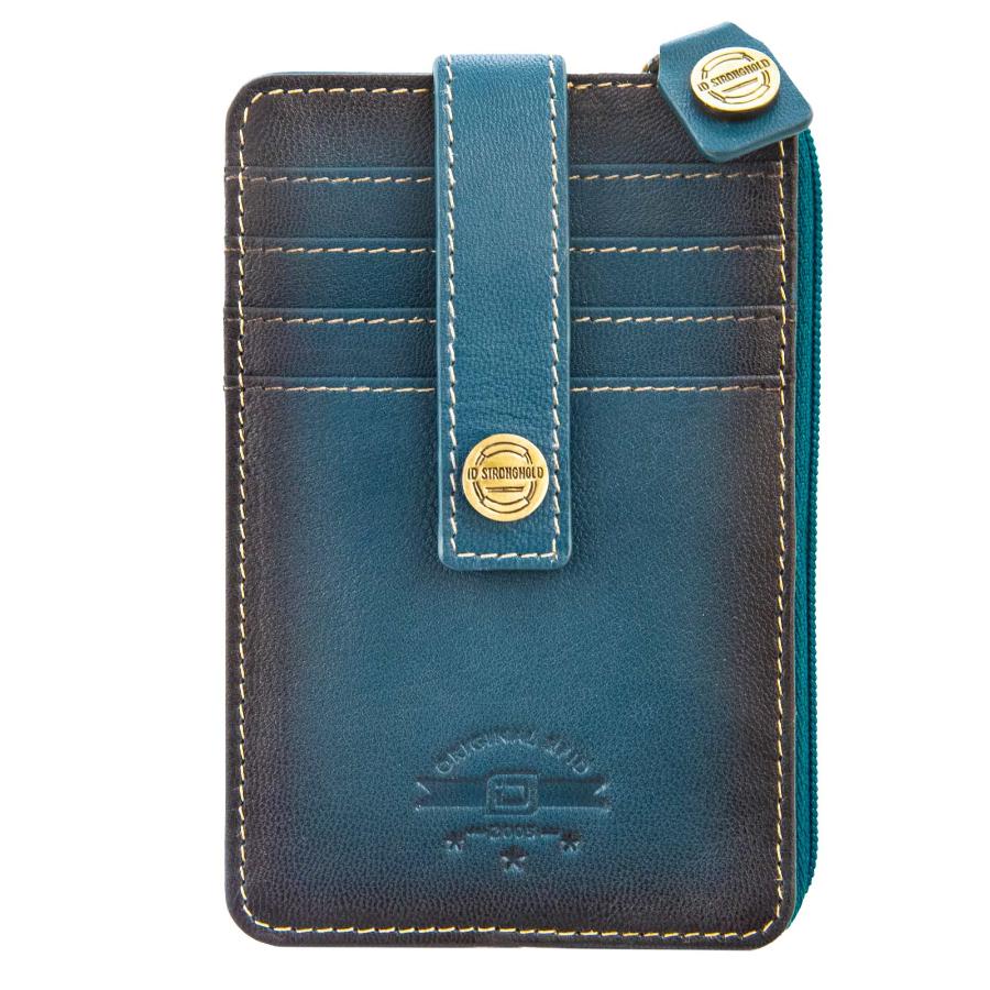 Front view of blue RFID Blocking Mega Mini Wallet with multiple card slots for secure, compact storage of credit cards, cash, and coins. Stylish small wallet with RFID protection against digital theft.