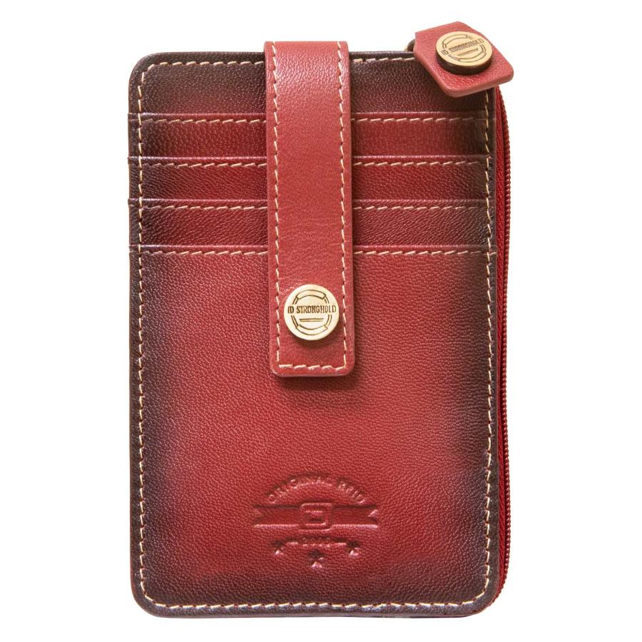 Front view of red RFID Blocking Mega Mini Wallet with multiple card slots for secure, compact storage of credit cards, cash, and coins. Stylish small wallet with RFID protection against digital theft.