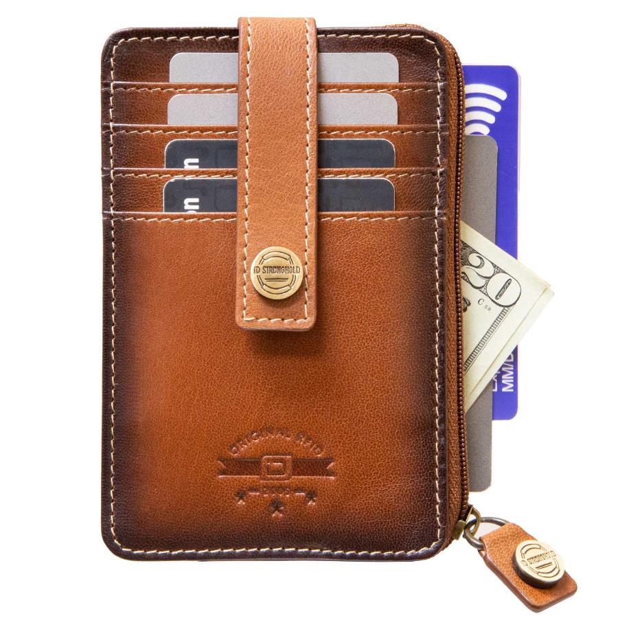 Full view of RFID Blocking Mega Mini Wallet in brown, showing multiple card slots, cash compartment, and secure zippered pocket for compact, organized storage with RFID protection against digital theft.