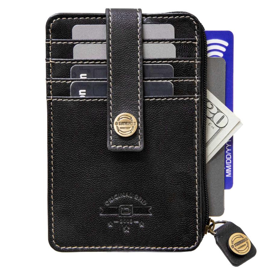 Full view of RFID Blocking Mega Mini Wallet in Black, showing multiple card slots, cash compartment, and secure zippered pocket for compact, organized storage with RFID protection against digital theft.