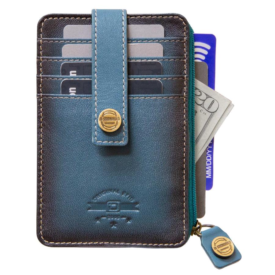 Full view of RFID Blocking Mega Mini Wallet in blue, showing multiple card slots, cash compartment, and secure zippered pocket for compact, organized storage with RFID protection against digital theft.