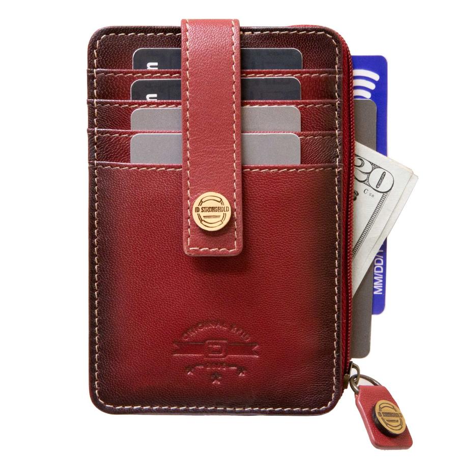 Full view of RFID Blocking Mega Mini Wallet in red, showing multiple card slots, cash compartment, and secure zippered pocket for compact, organized storage with RFID protection against digital theft.