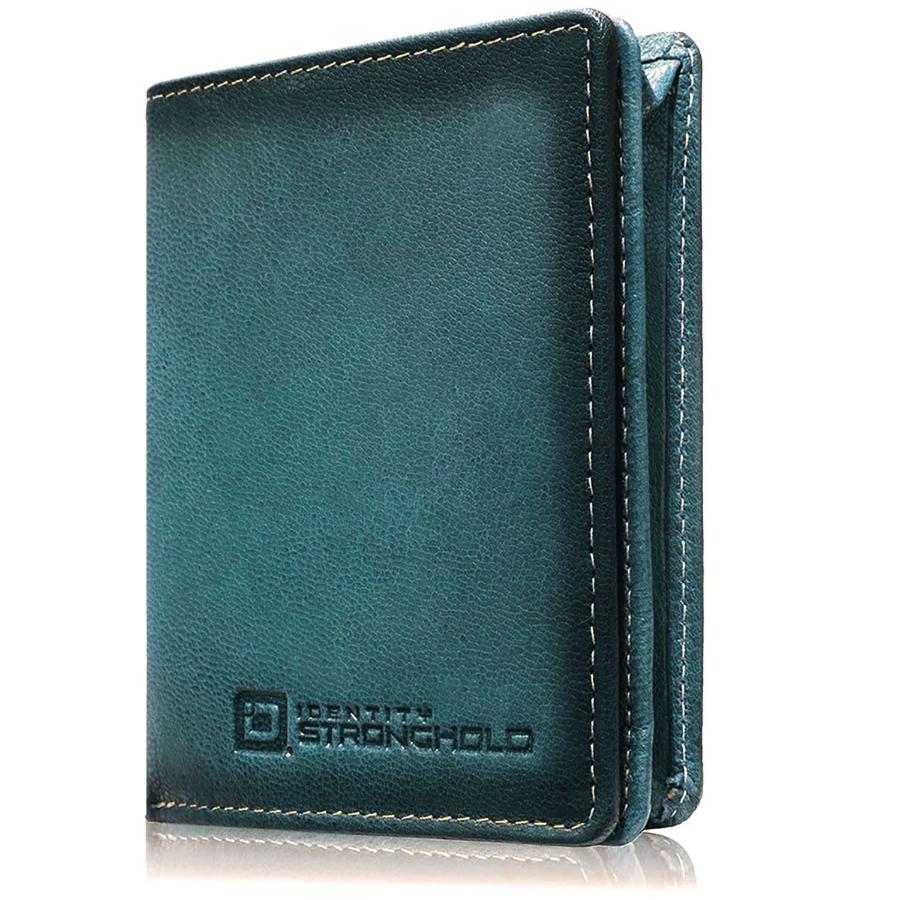 The Waltlet RFID secure bifold wallet in blue leather, showing a sleek, minimalist front with detailed stitching.