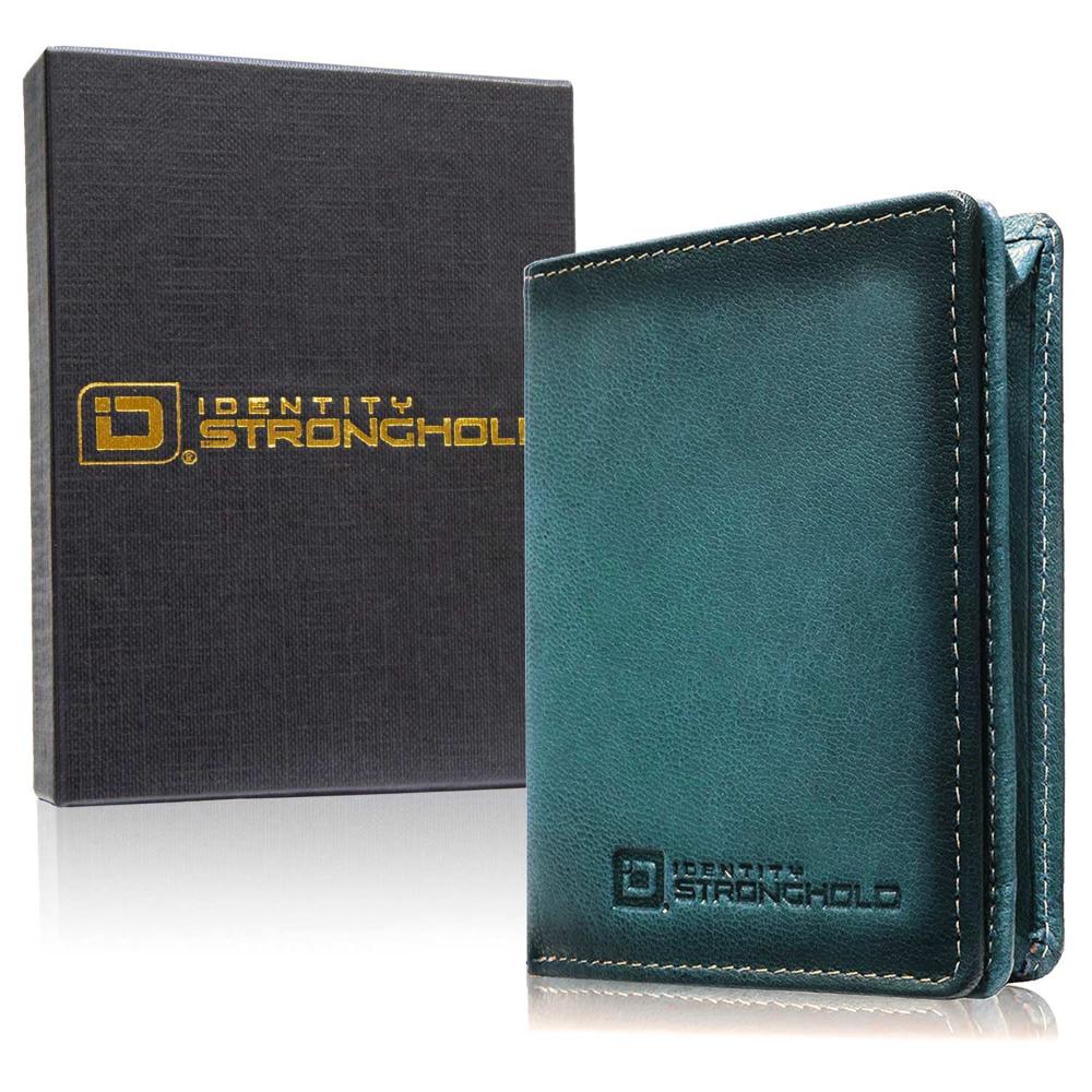 RFID secure bifold wallet in blue leather, minimalist front, with gift box. SKU IDSH7068