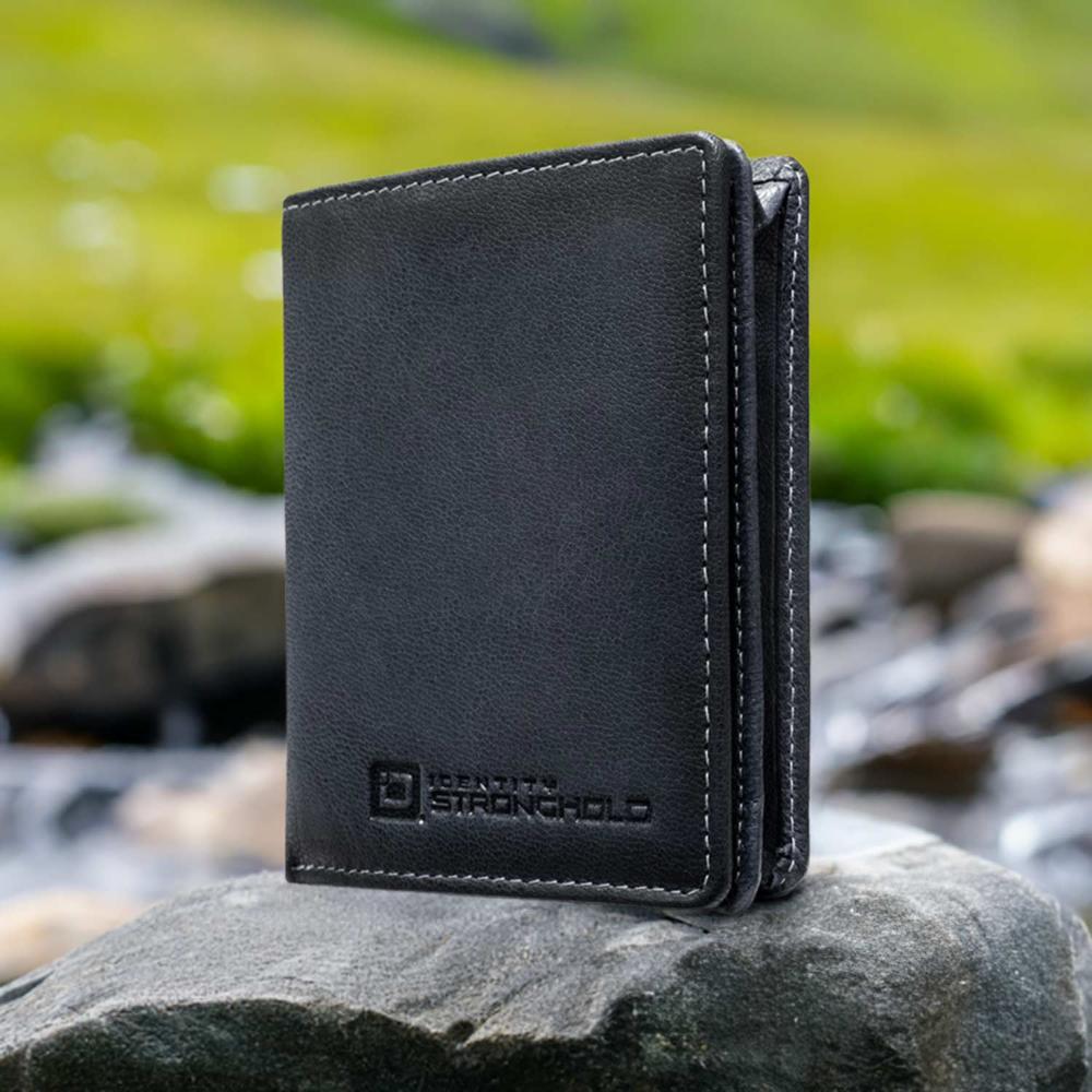 RFID secure bifold wallet in black leather, minimalist front, with detailed stitching SKU IDSH7068