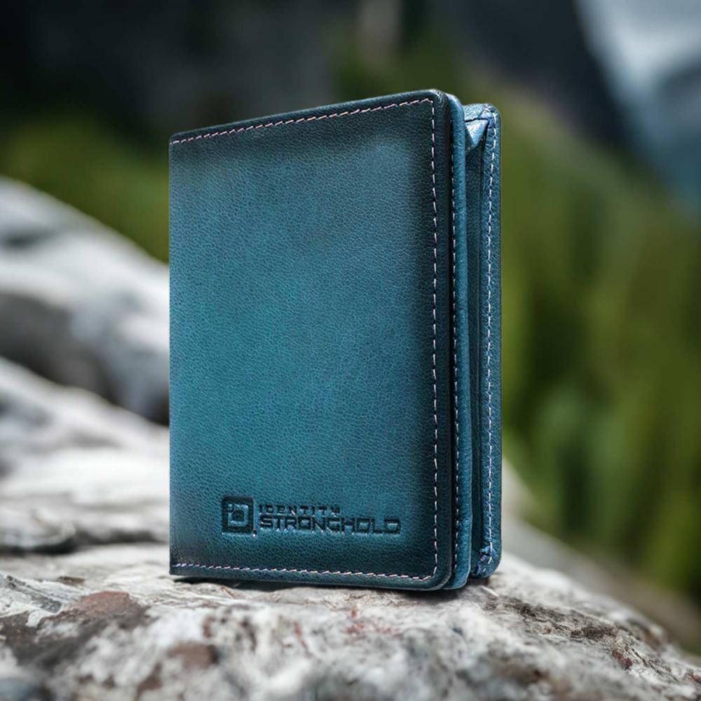 RFID secure bifold wallet in blue leather, minimalist front, with detailed stitching SKU IDSH7068