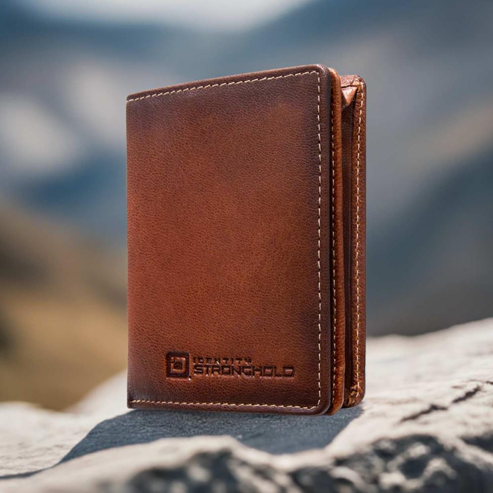 RFID secure bifold wallet in brown leather, minimalist front, with detailed stitching SKU IDSH7068