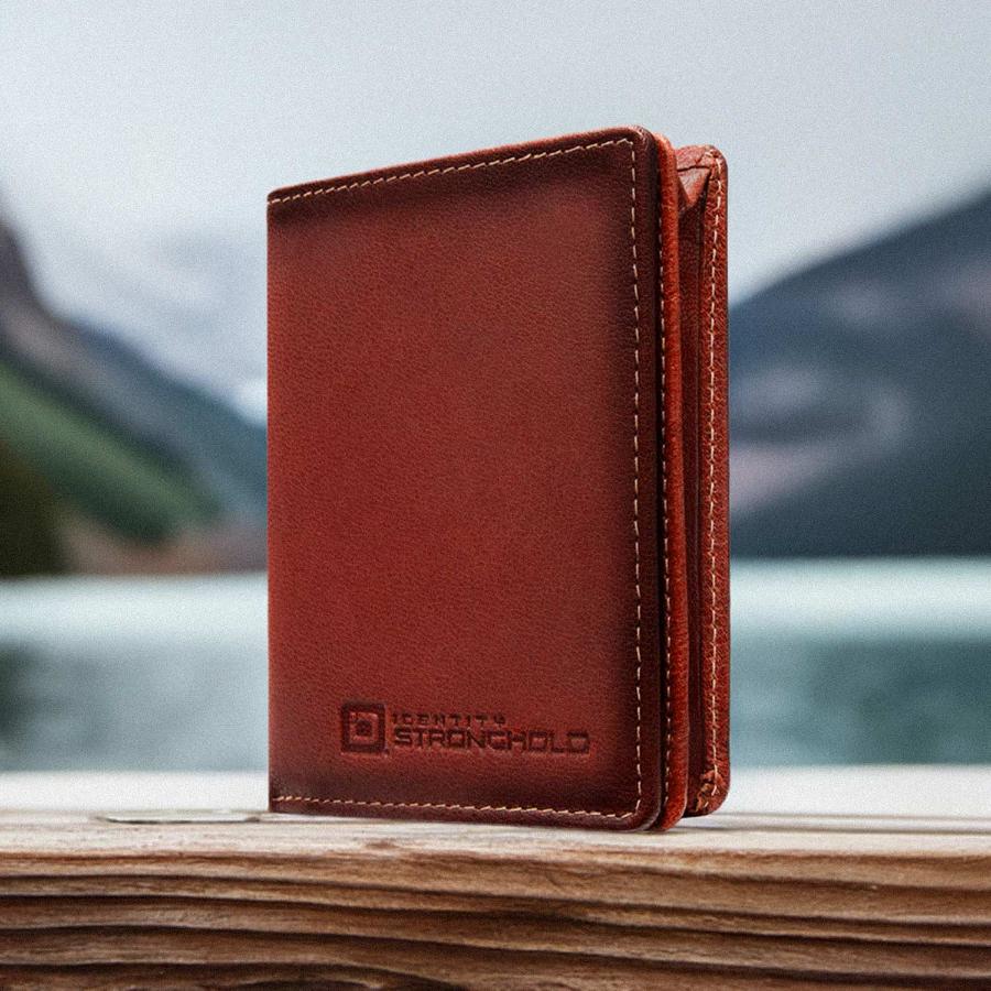 RFID secure bifold wallet in red leather, minimalist front, with detailed stitching SKU IDSH7068