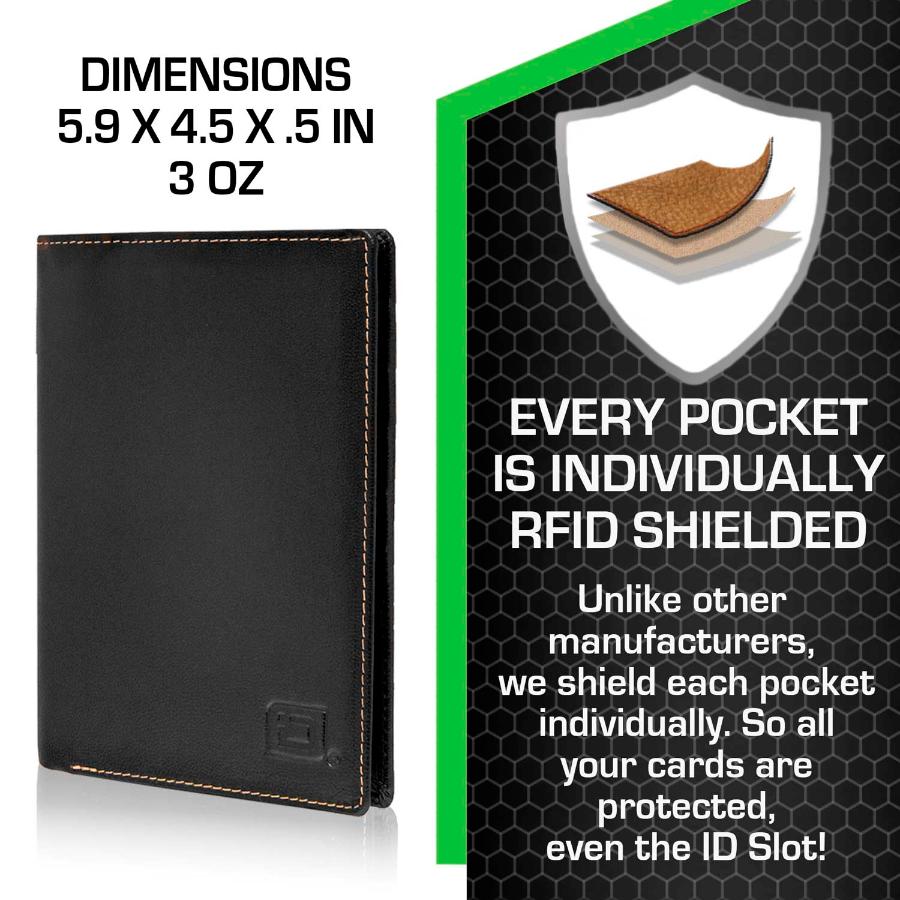 Black RFID-Blocking Passport Wallet with Dimensions Displayed - Secure Travel Wallet for Passport and Cards