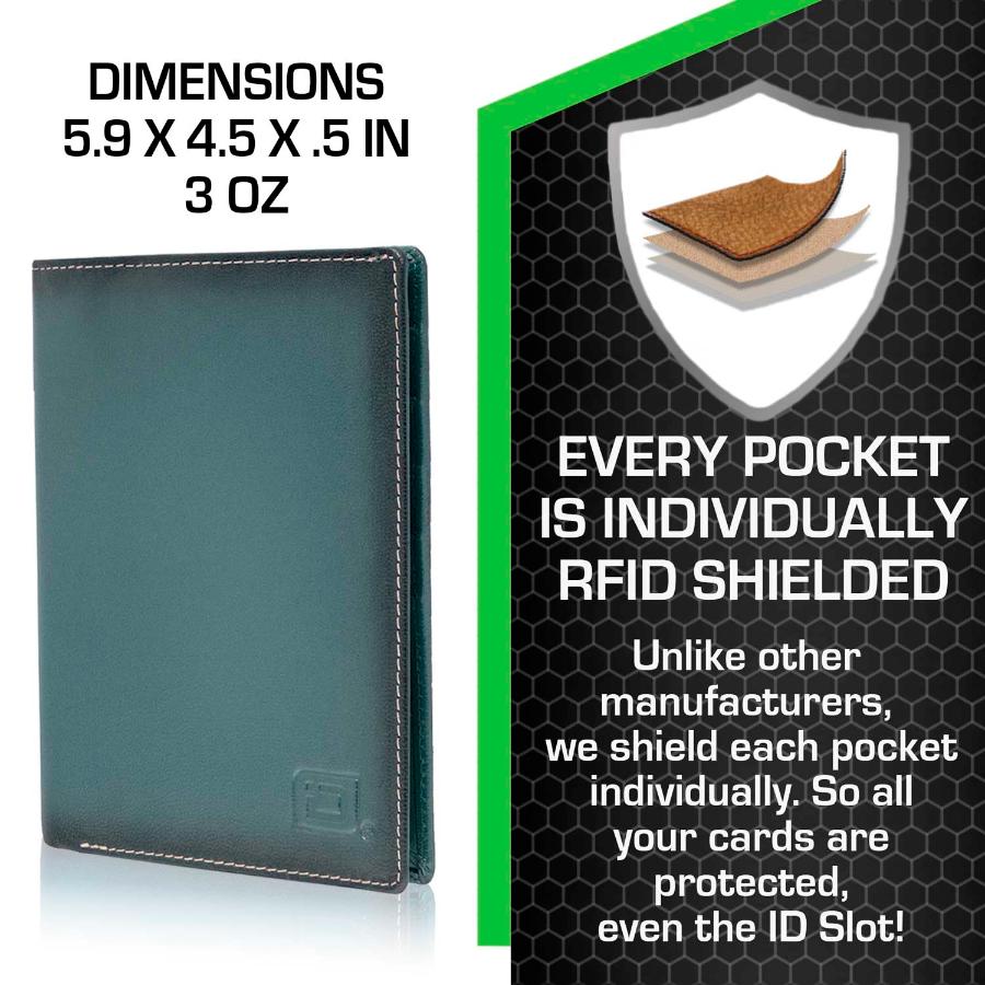 Blue RFID-Blocking Passport Wallet with Dimensions Displayed - Secure Travel Wallet for Passport and Cards