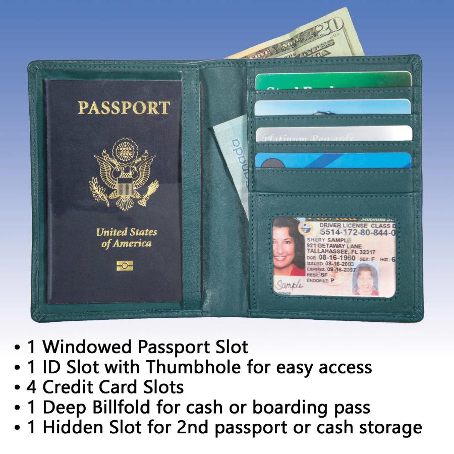 Blue RFID-Blocking Passport Wallet Highlighting Key Features – Secure Storage for Passport, Cards, and ID