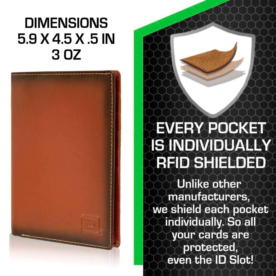 Brown RFID-Blocking Passport Wallet with Dimensions Displayed - Secure Travel Wallet for Passport and Cards