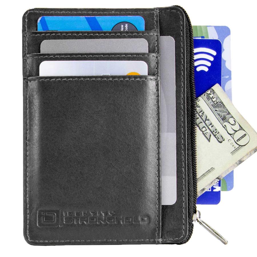 Black RFID-blocking mini wallet shown open, displaying multiple card slots and compartments for secure storage of credit cards, IDs, and cash. Wallet designed with a compact, slim profile for convenient everyday carry