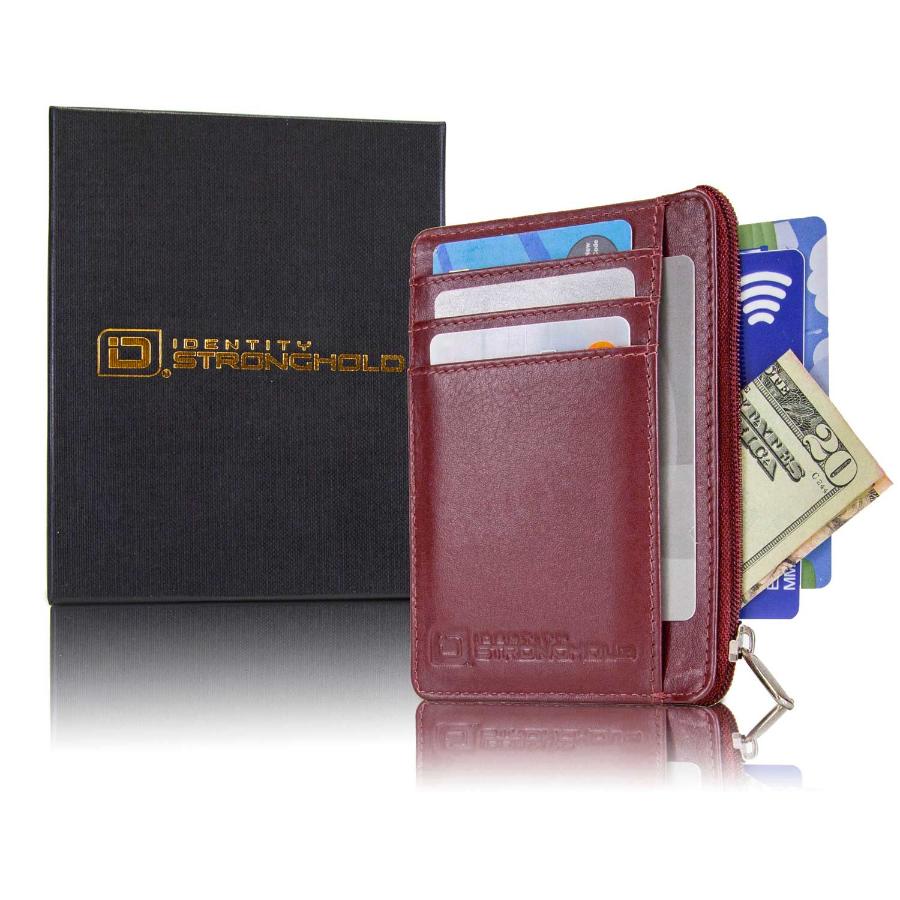 Red RFID-blocking mini wallet displayed in an elegant box, emphasizing its stylish design and secure features. The packaging showcases the wallet’s compact size and practical functionality, making it an attractive gift option for those seeking both style and security in their everyday accessories.