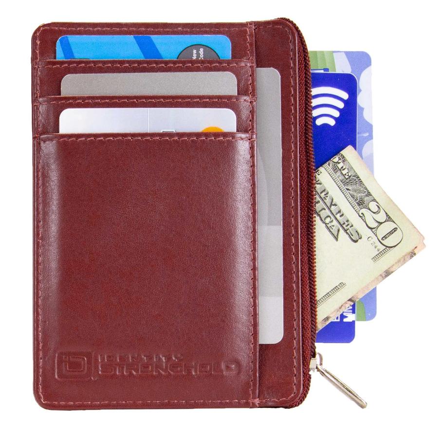 Red RFID-blocking mini wallet shown open, displaying multiple card slots and compartments for secure storage of credit cards, IDs, and cash. Wallet designed with a compact, slim profile for convenient everyday carry