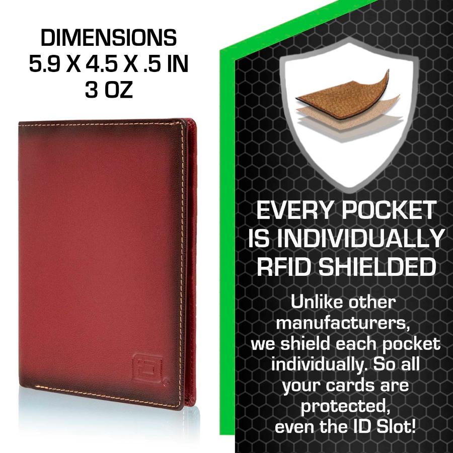 Red RFID-Blocking Passport Wallet with Dimensions Displayed - Secure Travel Wallet for Passport and Cards