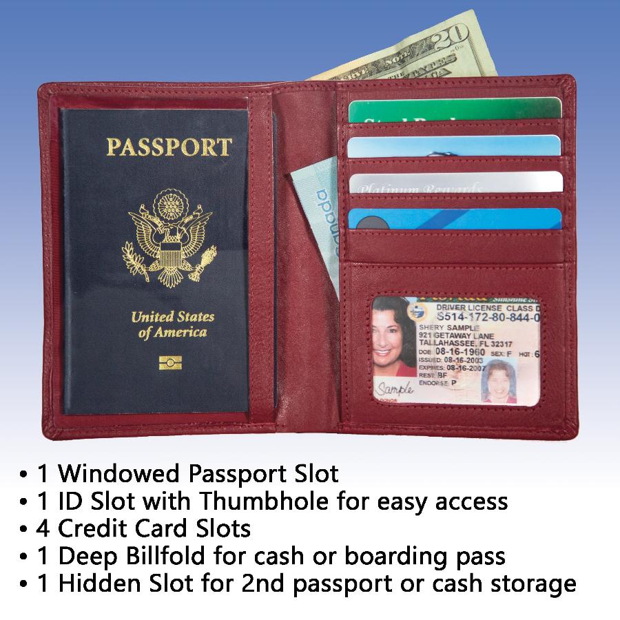 Red RFID-Blocking Passport Wallet Highlighting Key Features – Secure Storage for Passport, Cards, and ID