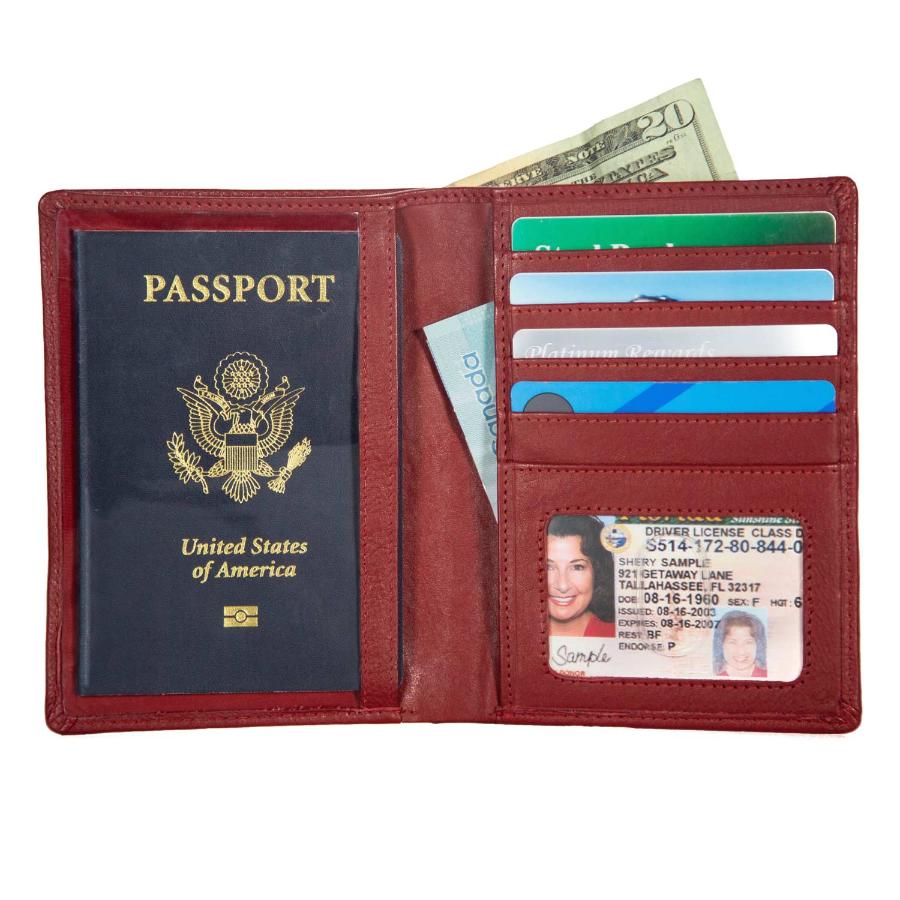 Open Red RFID-Blocking Passport Wallet Showing Interior Compartments for Passport and Cards – Secure Travel Accessory