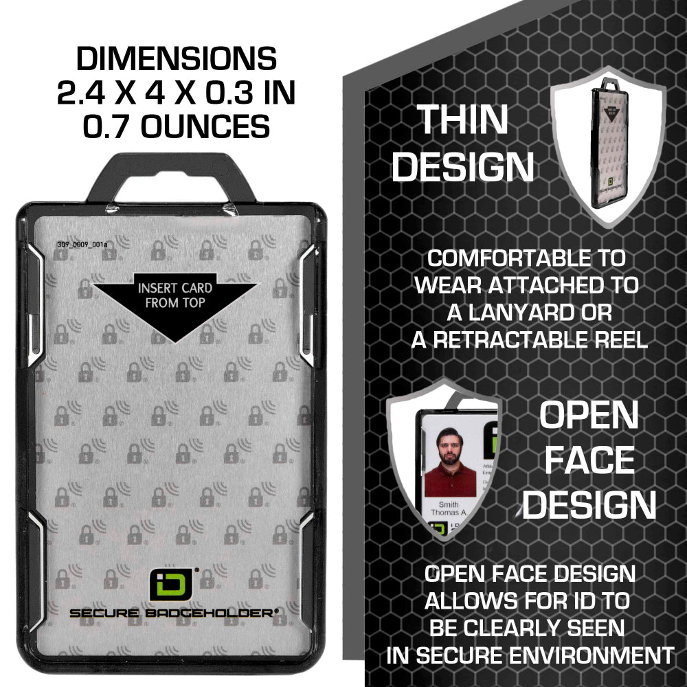 Black RFID-Blocking Badge Holder – Durable Vertical ID Card Protector with Secure Design and Precise Dimensions for Access Cards and Badges