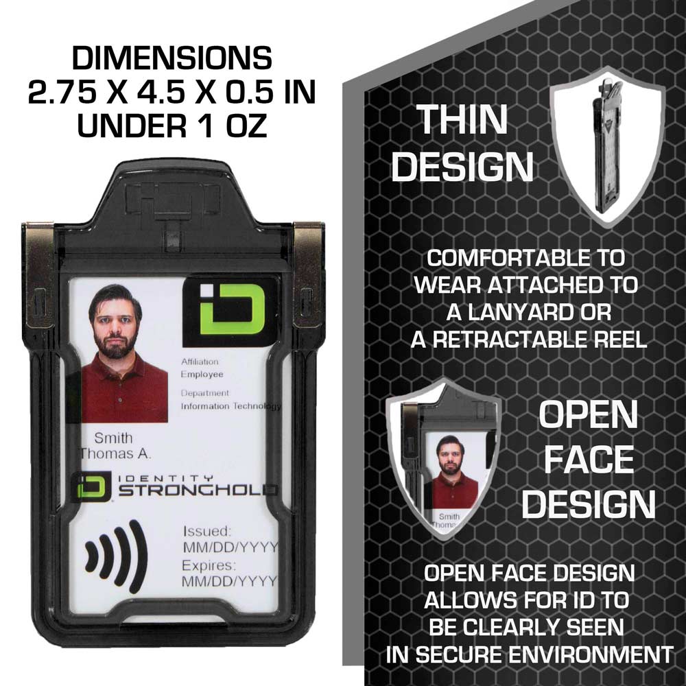 Black RFID-blocking badge holder with dimensions displayed – Secure ID protection with precise sizing from ID Stronghold.