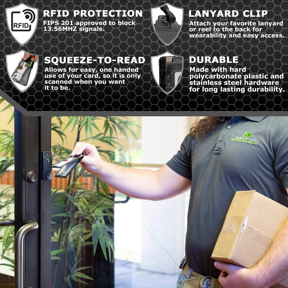 Man using RFID-blocking badge holder with squeeze-to-read technology at secure door access point – Durable ID protection from ID Stronghold.