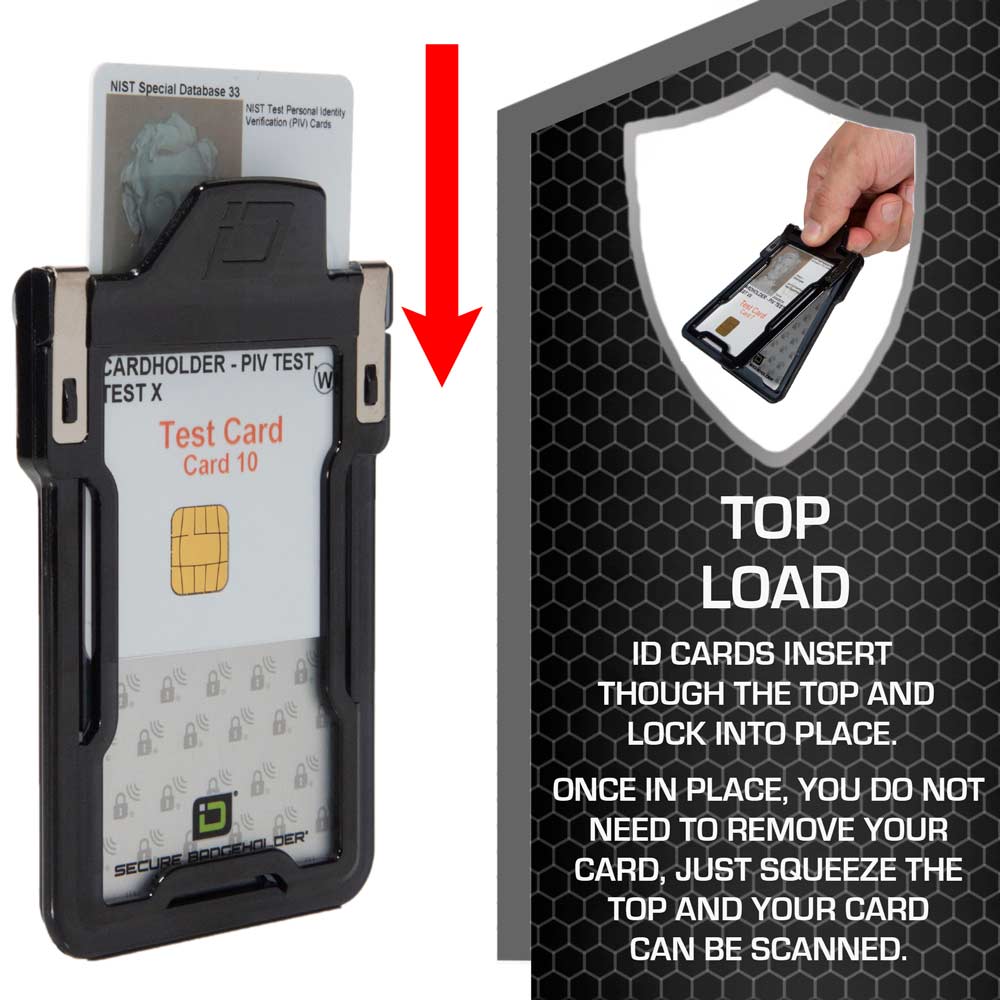 Graphic showing top load of RFID Badge Holder in Black