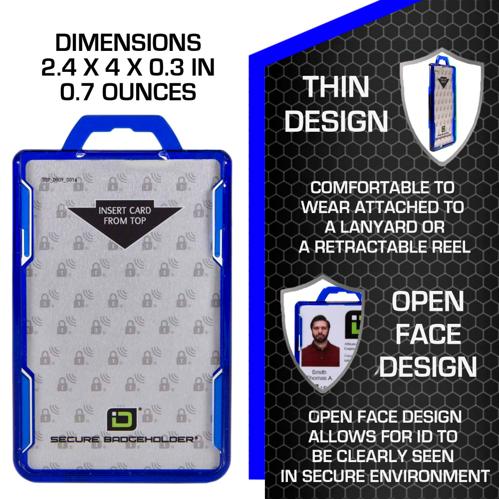 Blue RFID-Blocking Badge Holder – Durable Vertical ID Card Protector with Secure Design and Precise Dimensions for Access Cards and Badges