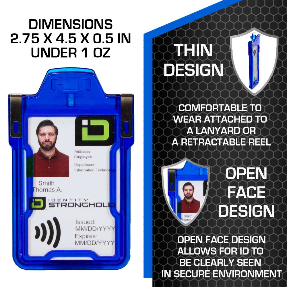 Blue RFID-blocking badge holder with dimensions displayed – Secure ID protection with precise sizing from ID Stronghold.