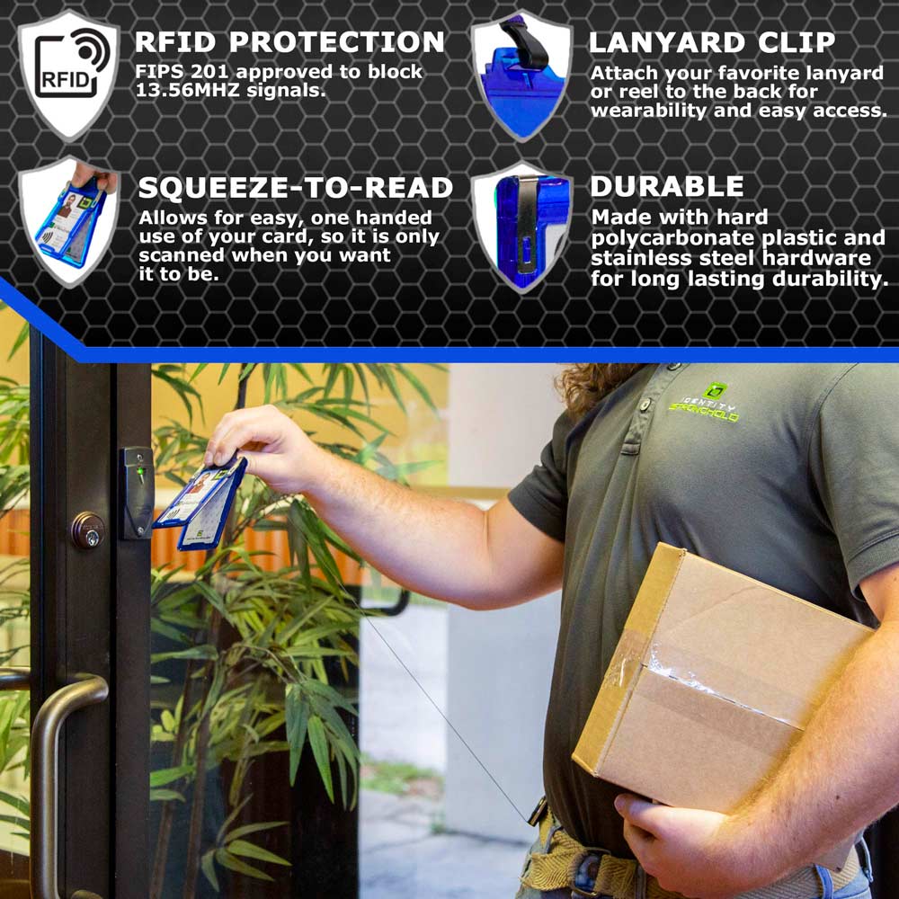 Man using RFID-blocking badge holder with squeeze-to-read technology at secure door access point – Durable ID protection from ID Stronghold.