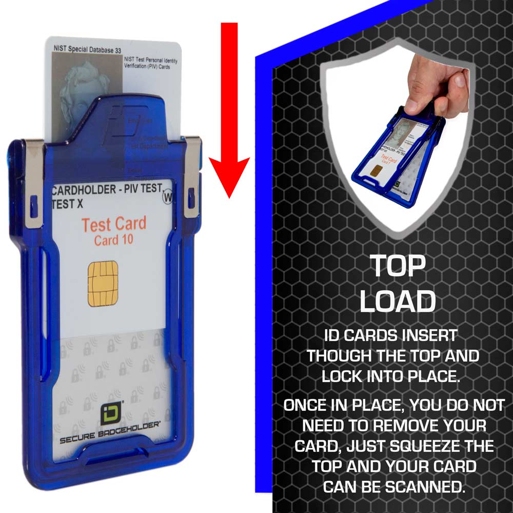 Blue RFID-blocking badge holder with top-load design – Secure ID protection with squeeze-to-read functionality from ID Stronghold.