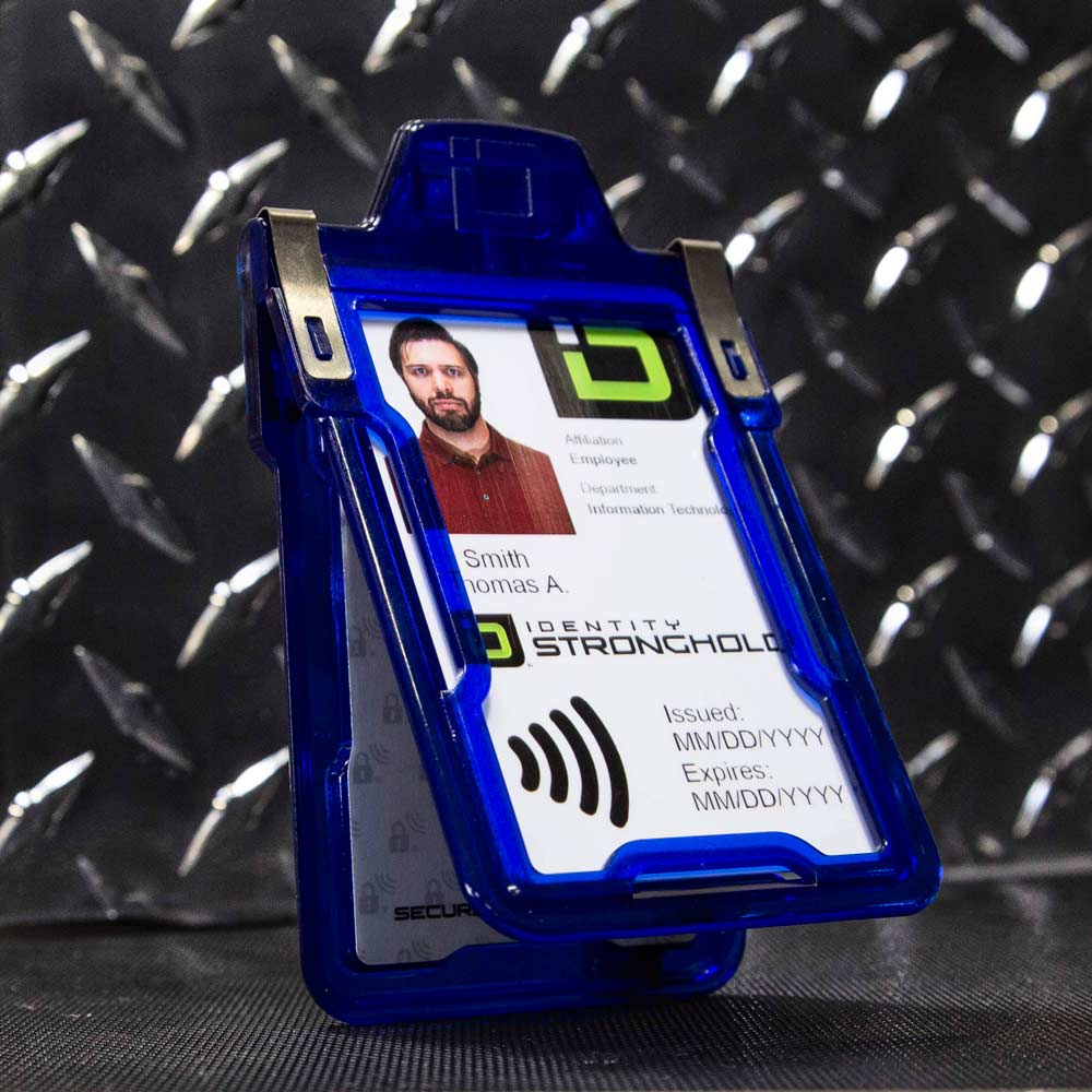 Blue RFID-blocking badge holder securely displaying an employee ID card – Durable and secure identity protection from ID Stronghold.