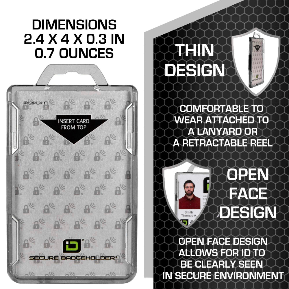 Clear RFID-Blocking Badge Holder – Durable Vertical ID Card Protector with Secure Design and Precise Dimensions for Access Cards and Badges