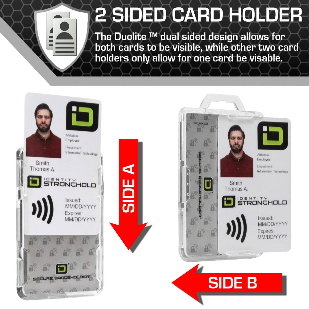 Secure Badge Holder Duolite ® Vertical 2 ID Card Holder, Retractable Reel, and Lanyard Bundle - Clear - IDSH2037 - clrblk