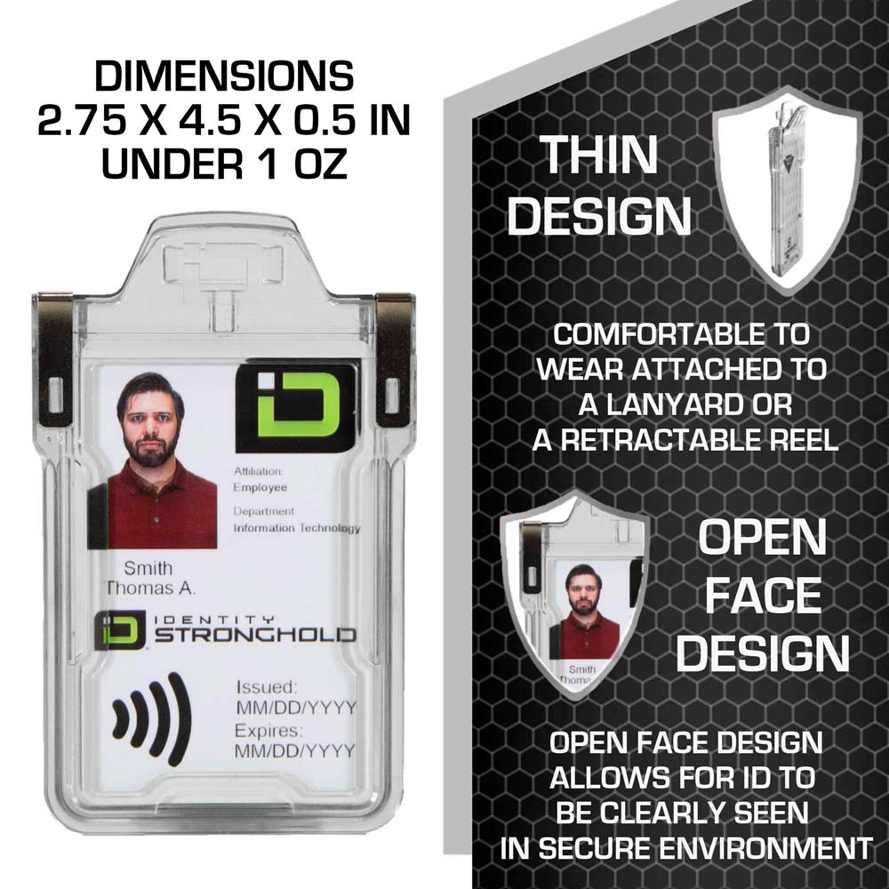 Clear RFID-blocking badge holder with dimensions displayed – Secure ID protection with precise sizing from ID Stronghold.