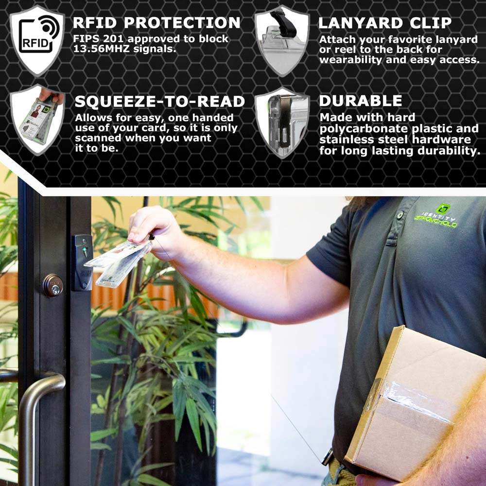 Man using RFID-blocking badge holder with squeeze-to-read technology at secure door access point – Durable ID protection from ID Stronghold.