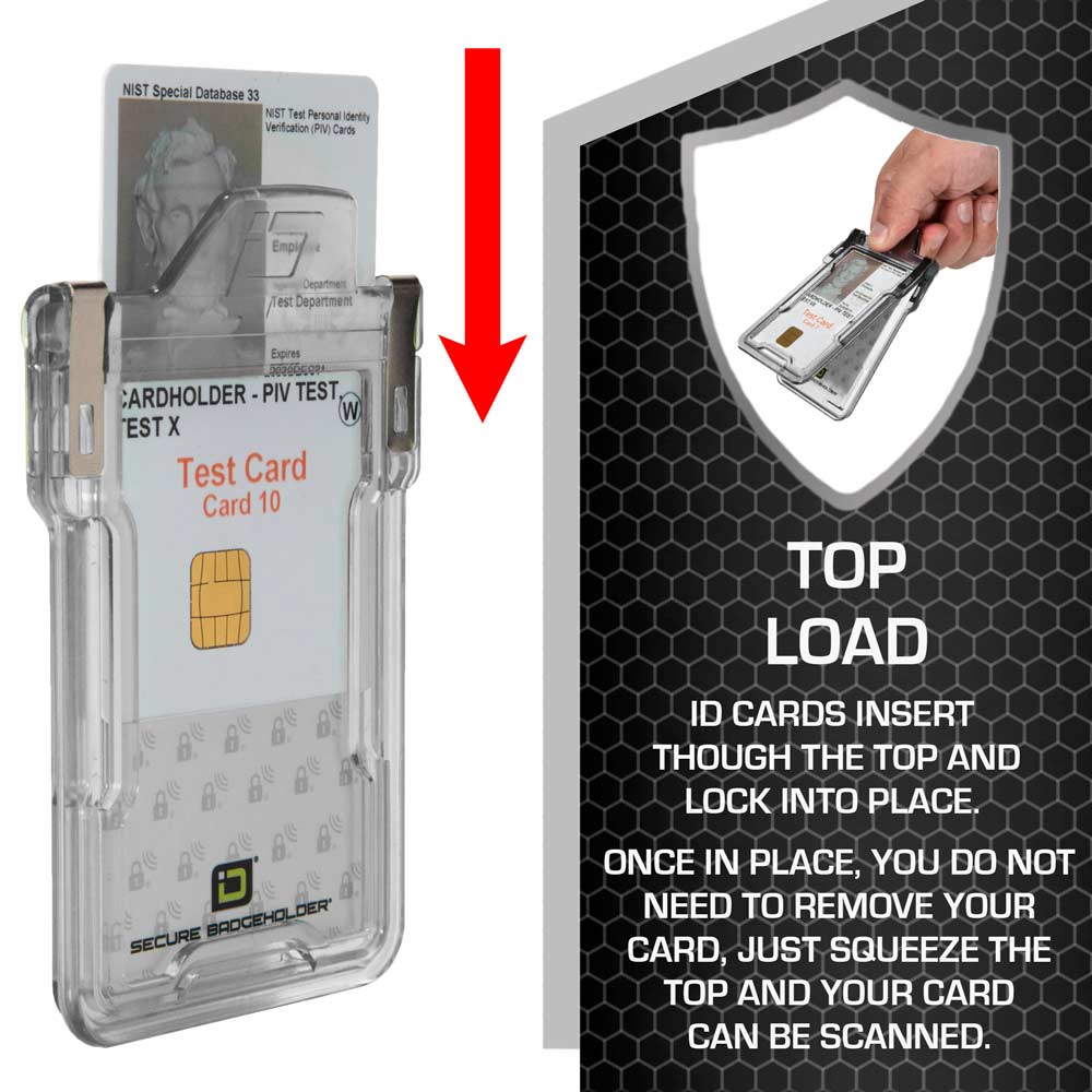 Graphic showing top load of RFID Badge Holder in Clear.