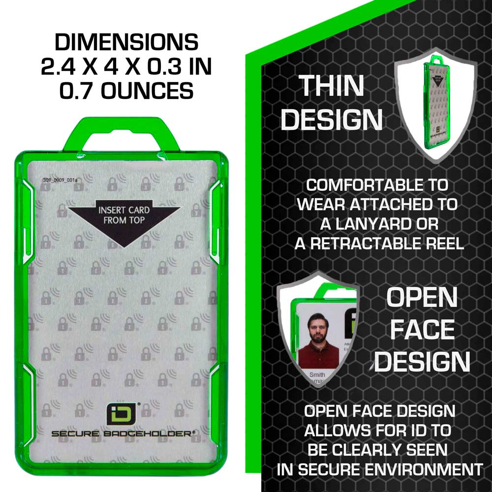 Green RFID-Blocking Badge Holder – Durable Vertical ID Card Protector with Secure Design and Precise Dimensions for Access Cards and Badges