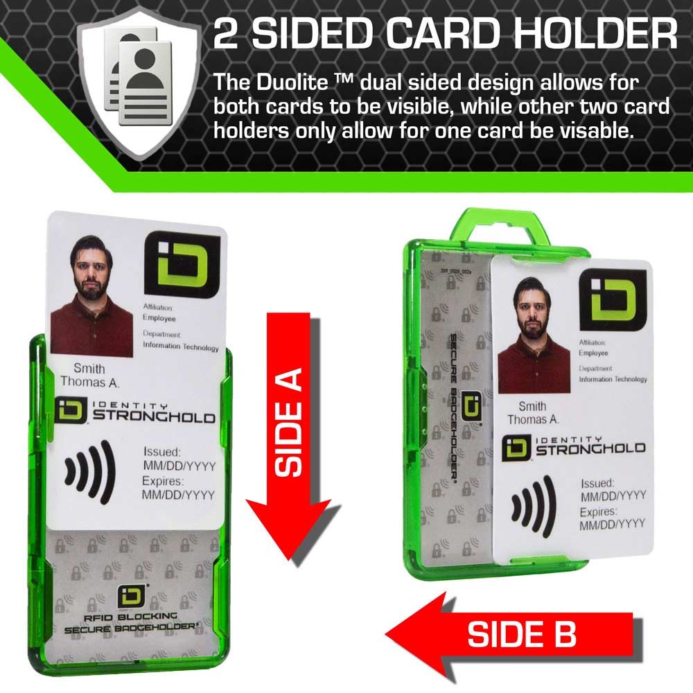 Secure Badge Holder Duolite ® Vertical 2 ID Card Holder, Retractable Reel, and Lanyard Bundle - Green - IDSH2037 - grnblk