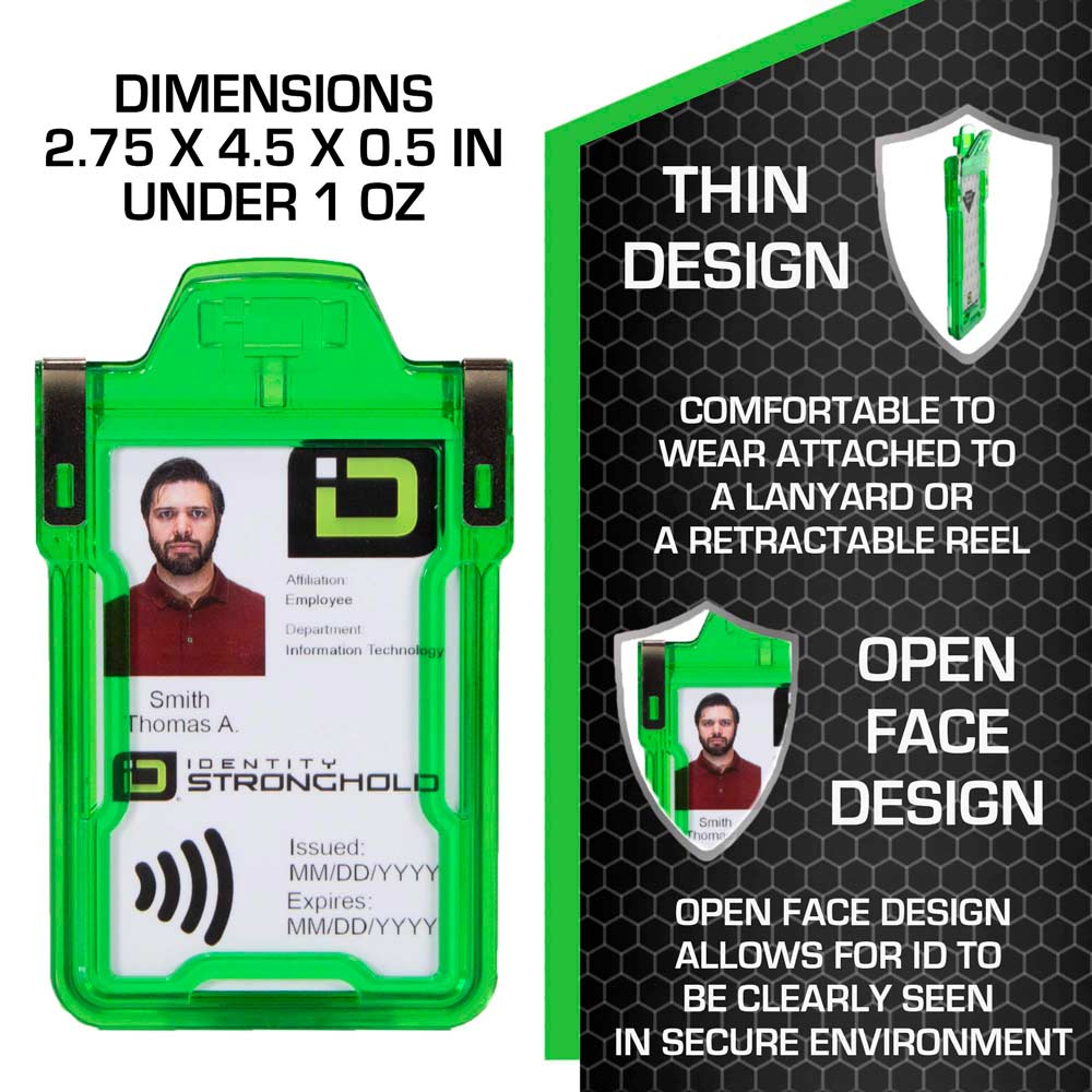 Green RFID-blocking badge holder with dimensions displayed – Secure ID protection with precise sizing from ID Stronghold.