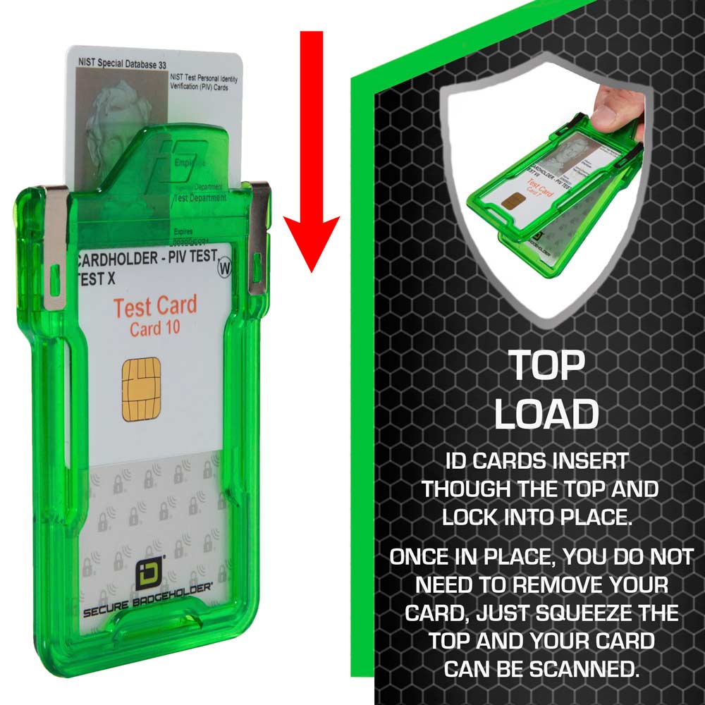 Graphic showing top load of RFID Badge Holder in green.