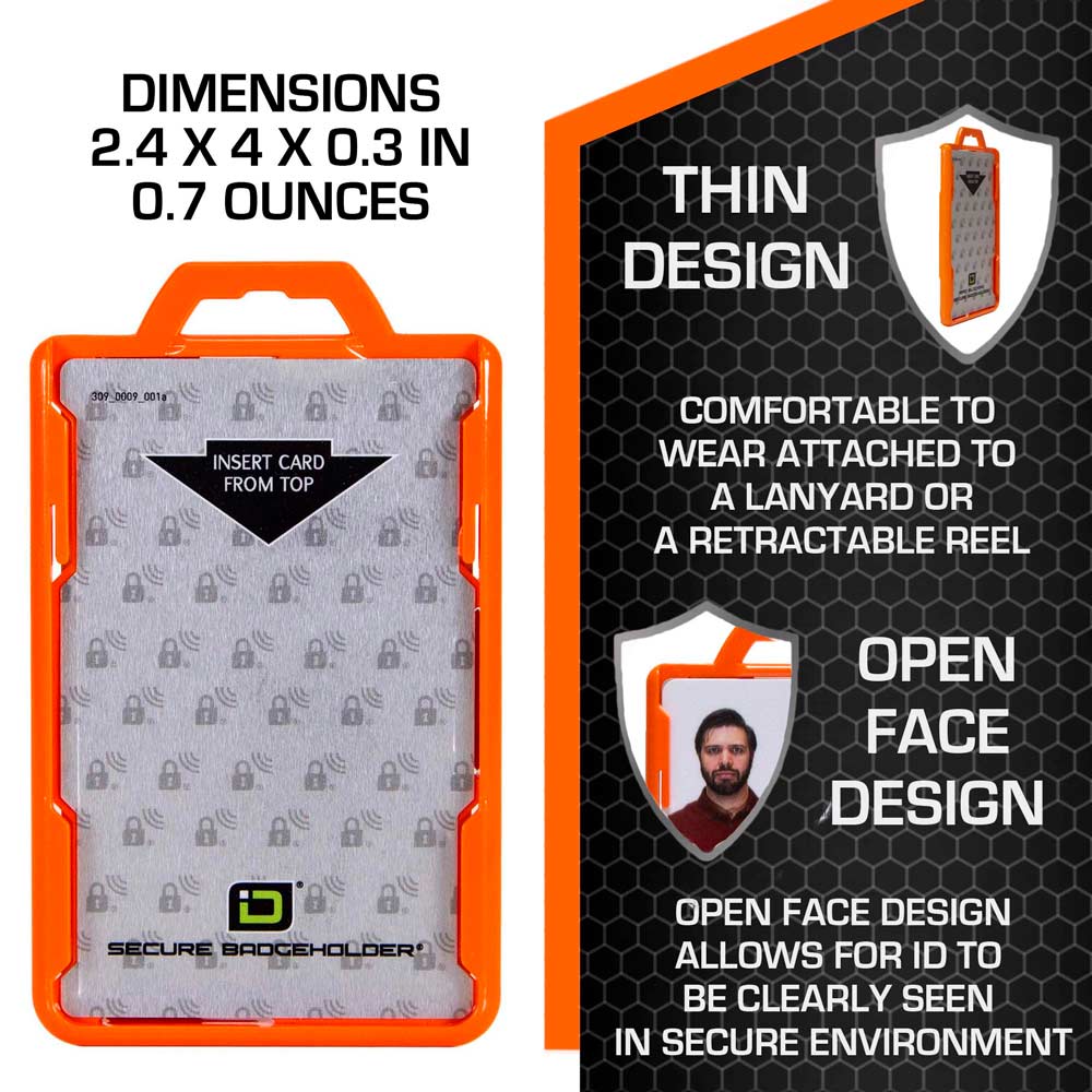 Orange RFID-Blocking Badge Holder – Durable Vertical ID Card Protector with Secure Design and Precise Dimensions for Access Cards and Badges