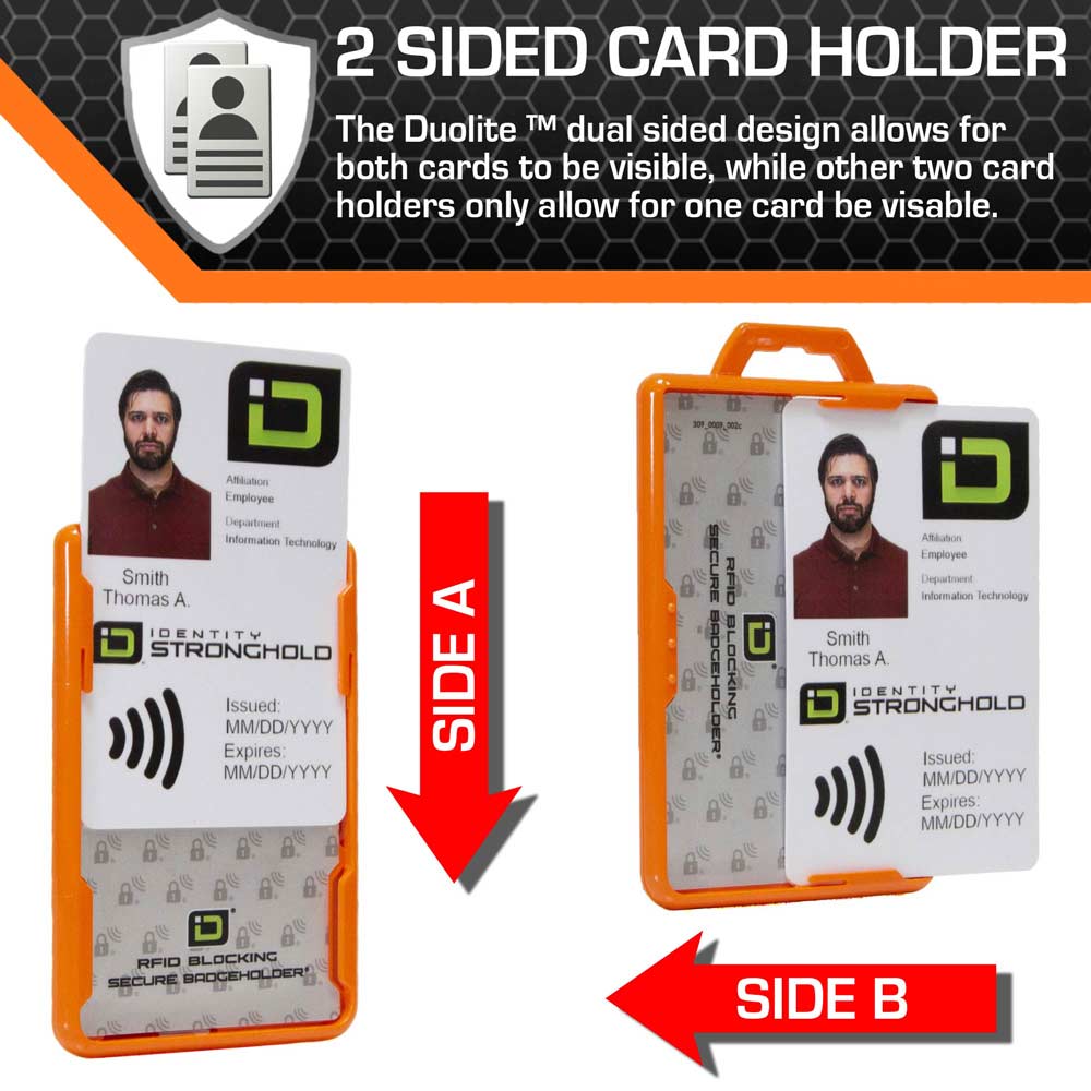 Secure Badge Holder Duolite ® Vertical 2 ID Card Holder, Retractable Reel, and Lanyard Bundle - Orange - IDSH2037 - orgblk