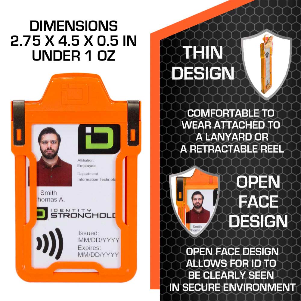 Orange RFID-blocking badge holder with dimensions displayed – Secure ID protection with precise sizing from ID Stronghold.