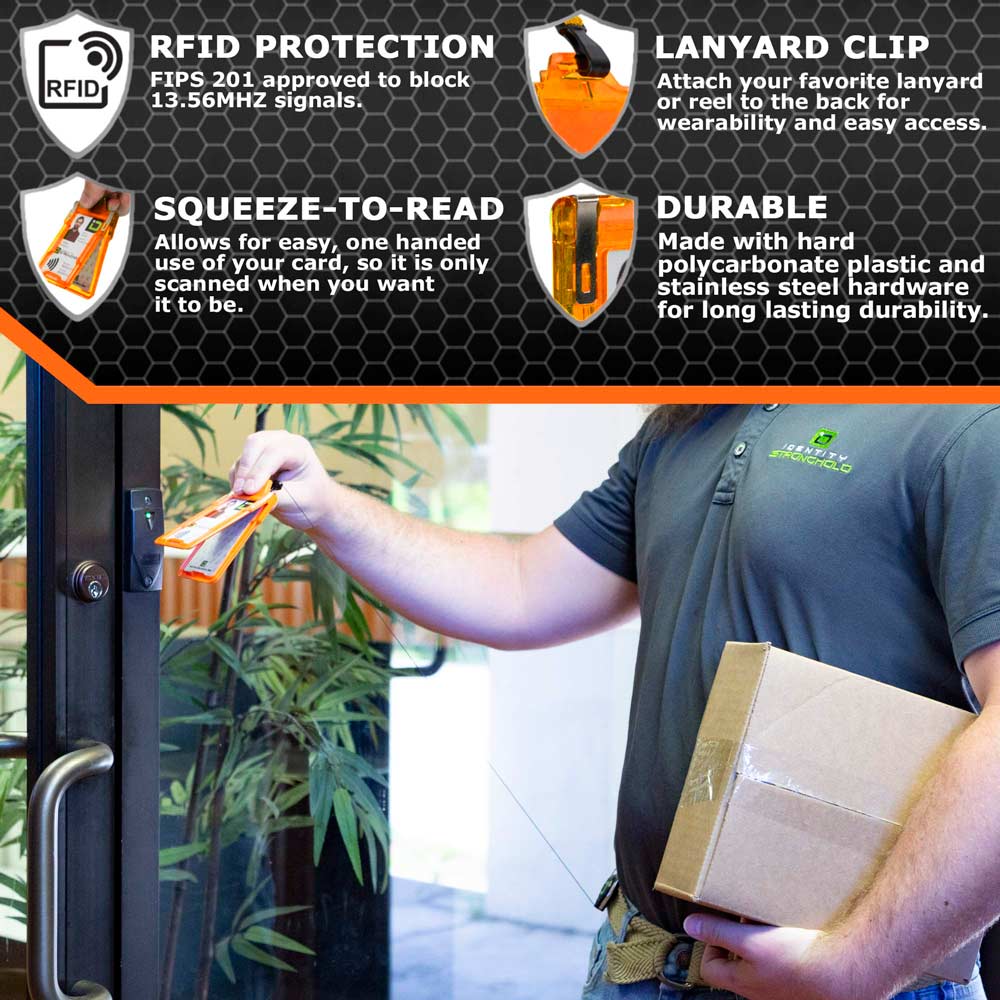 Man using RFID-blocking badge holder with squeeze-to-read technology at secure door access point – Durable ID protection from ID Stronghold.