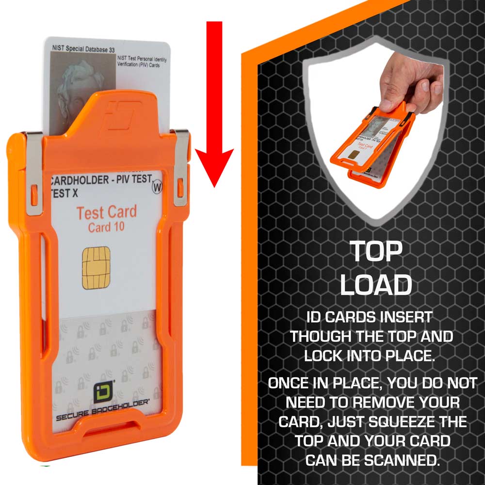 Orange RFID-blocking badge holder with top-load design – Secure ID protection with squeeze-to-read functionality from ID Stronghold.