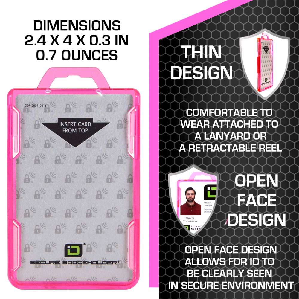 Pink RFID-Blocking Badge Holder – Durable Vertical ID Card Protector with Secure Design and Precise Dimensions for Access Cards and Badges