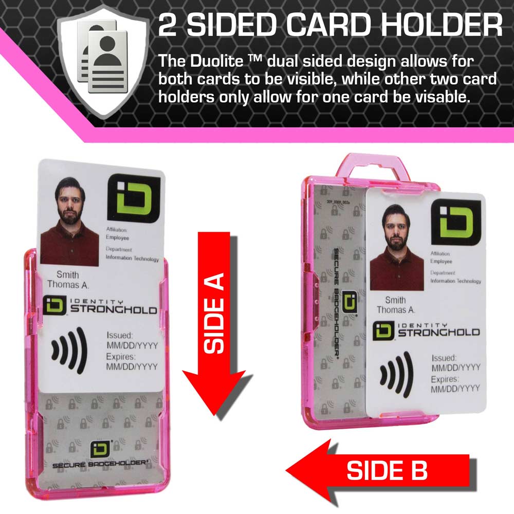 Secure Badge Holder Duolite ® Vertical 2 ID Card Holder, Retractable Reel, and Lanyard Bundle - Pink - IDSH2037 - pnkblk